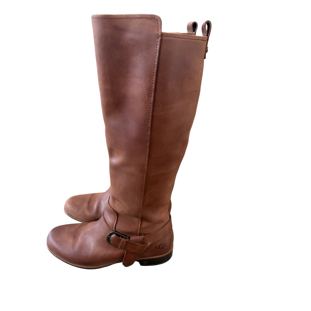 UGG Women's Brown Katelynn Leather Knee‎ High Riding Boots Buckle Side Zip 10 - Picture 2 of 8